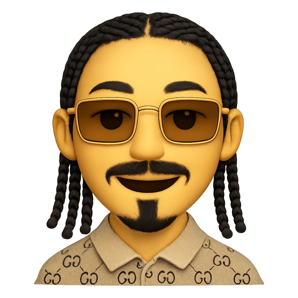 emoji of a smiley with a thin face, slightly lighter skin tone, beard only on the chin (no hair under the lower lip), mustache only above the upper lip, very detailed black braided hair, rectangular golden sunglasses, beige top with GG pattern and visible collar, transparent background, faithful details to reference photos sticker