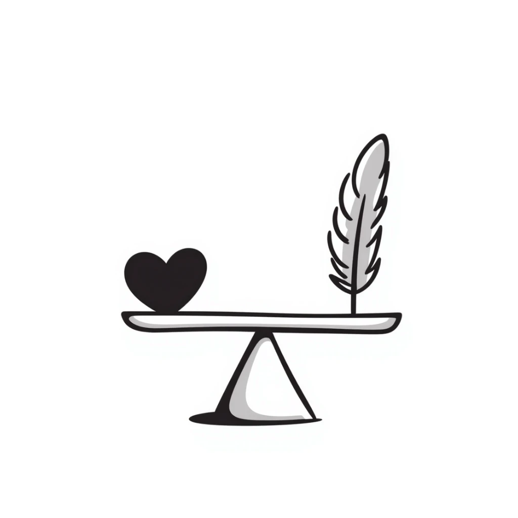 A simple scale balancing a feather and a heart, representing emotional balance and lightness. Hand-drawn doodle style. sticker