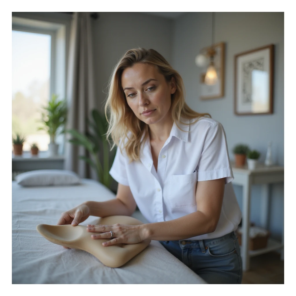 realistic 4K woman in physiotherapy studio showing insole to physiotherapist with perplexed expression, professional and welcoming environment sticker