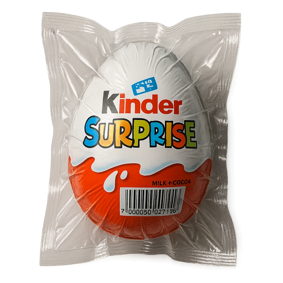 Kinder Surprise egg with standard packaging, glossy and puffy vacuum-sealed style sticker