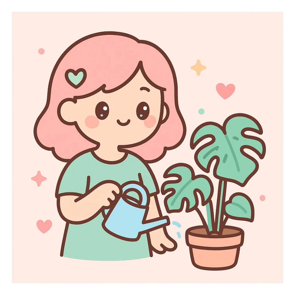woman watering her monstera plant sticker