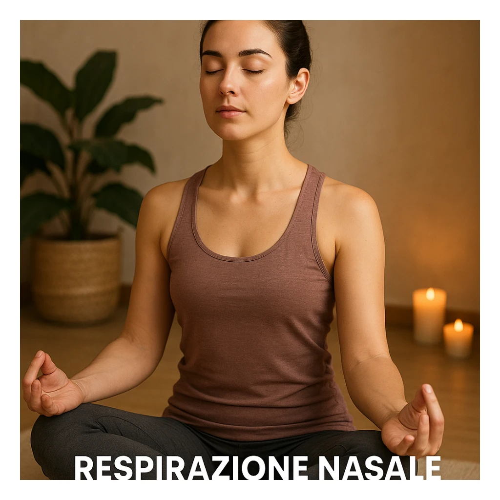 person in yoga or meditation pose with closed eyes practicing deep nasal breathing, relaxing atmosphere, caption in Italian sticker