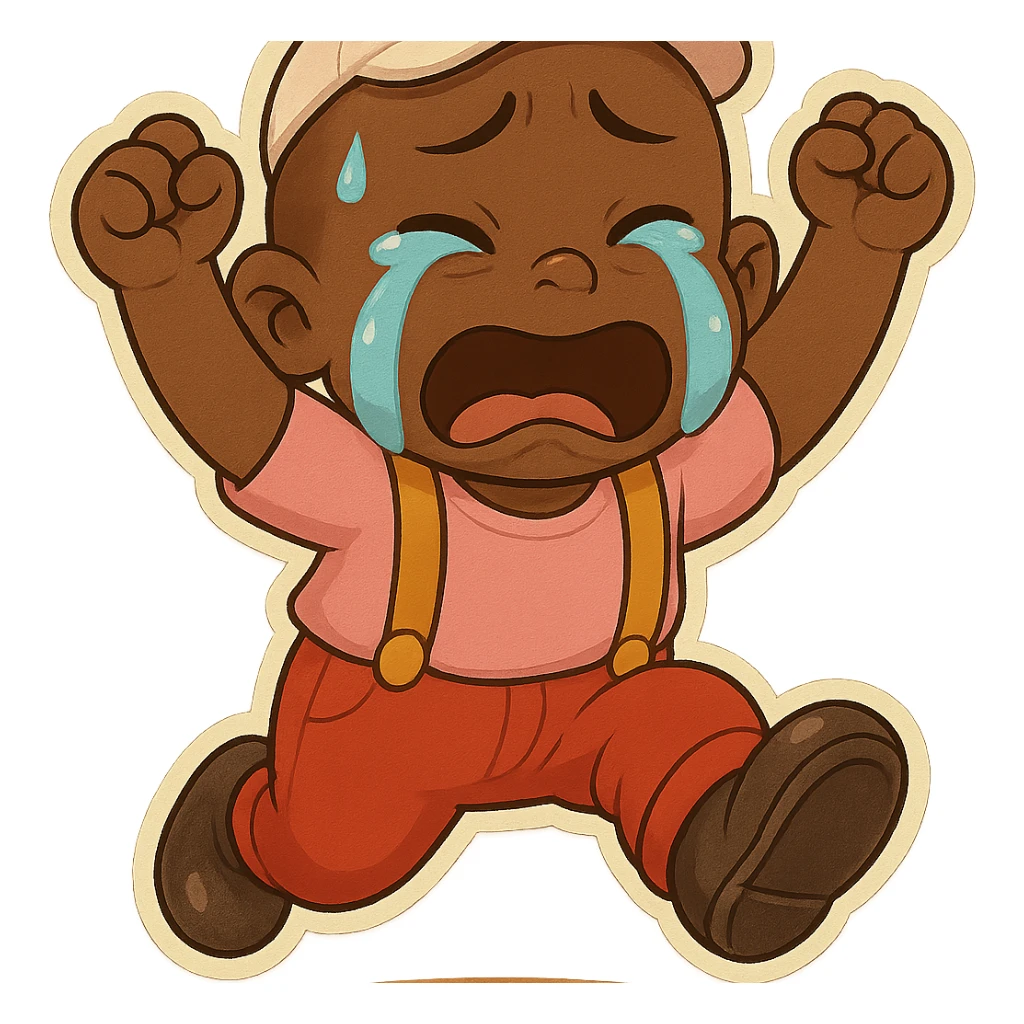 Memín Pinguín jumping and crying with big tears and a sad expression in chibi stickers style, transparent background. sticker