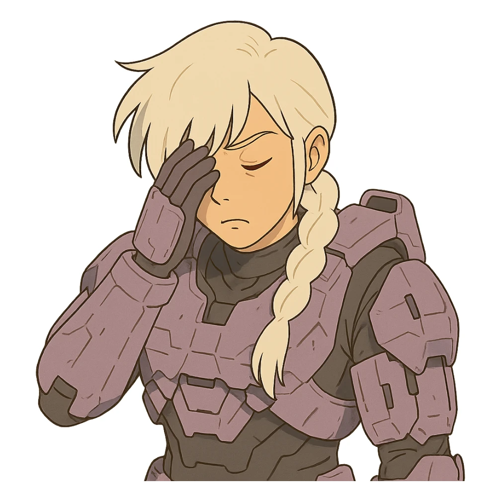female, wearing reach spartan armor shoulder-unequip, long white braid hair with massive messy front side single bangs, gold yellow eyes, attention pose, HALO:series, no helmet, the armor is lavender color scheme, facepalm, smh, eyes closed sticker