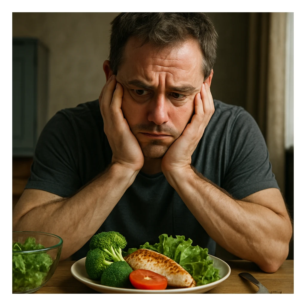 hyperrealistic man looking very struggling to follow a diet, frustrated or discouraged expression, sitting at a table with healthy food in front, visibly tempted or conflicted, realistic environment, detailed, intense atmosphere sticker