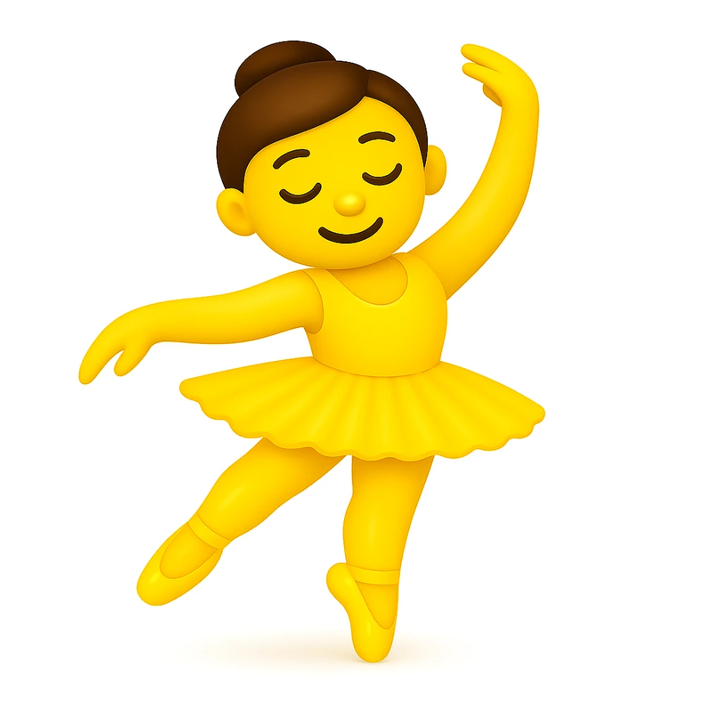 Keep the image just like the reference but make the skin color classic yellow emoji skin in iOS emoji style. Same pose, yellow tutu, elegant, smooth, and shiny. Add a subtle highlight to the legs. The style should resemble classic yellow iOS emoji skin tone and texture. sticker