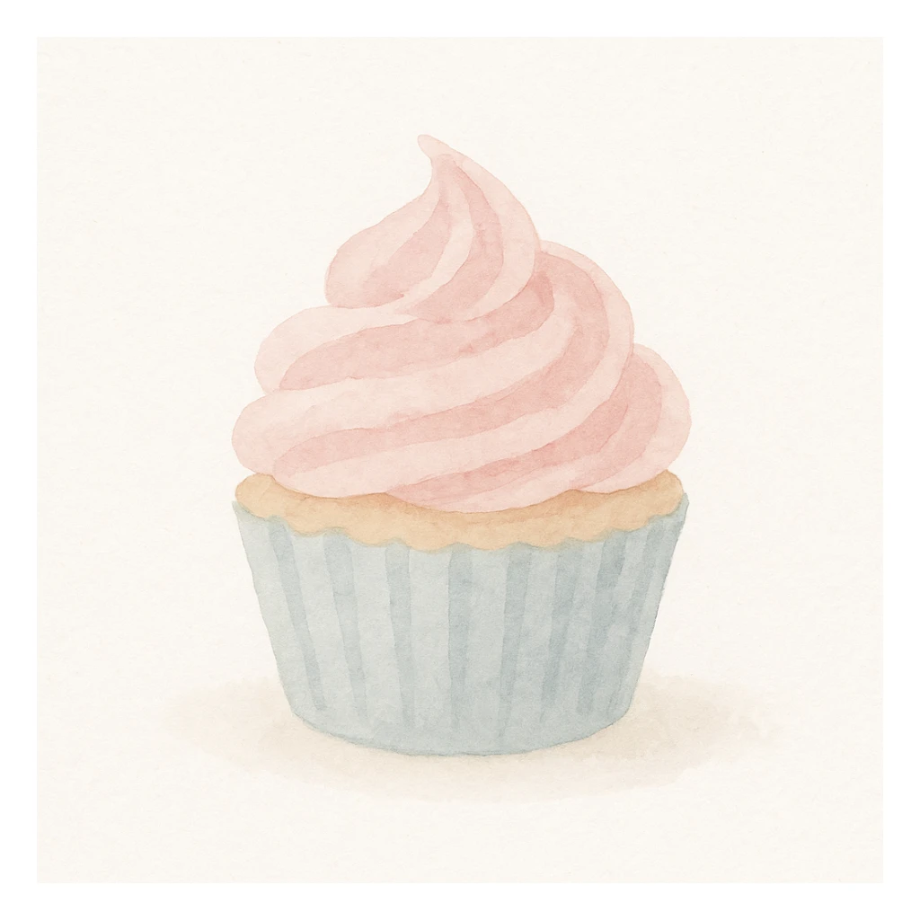 cupcake with pink icing, delicate brushstrokes, soft pastel colors, watercolor art style sticker