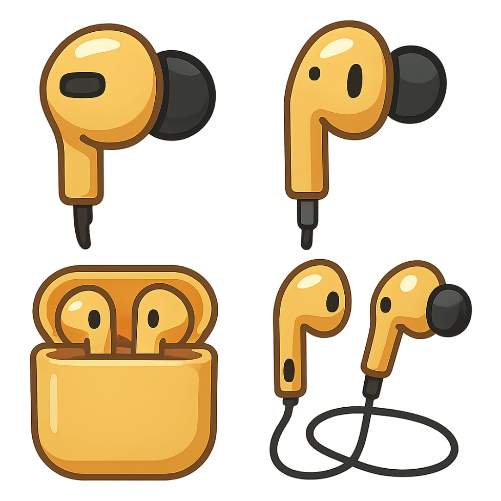 EarPods headphones in emoji style, different angles, gold sticker