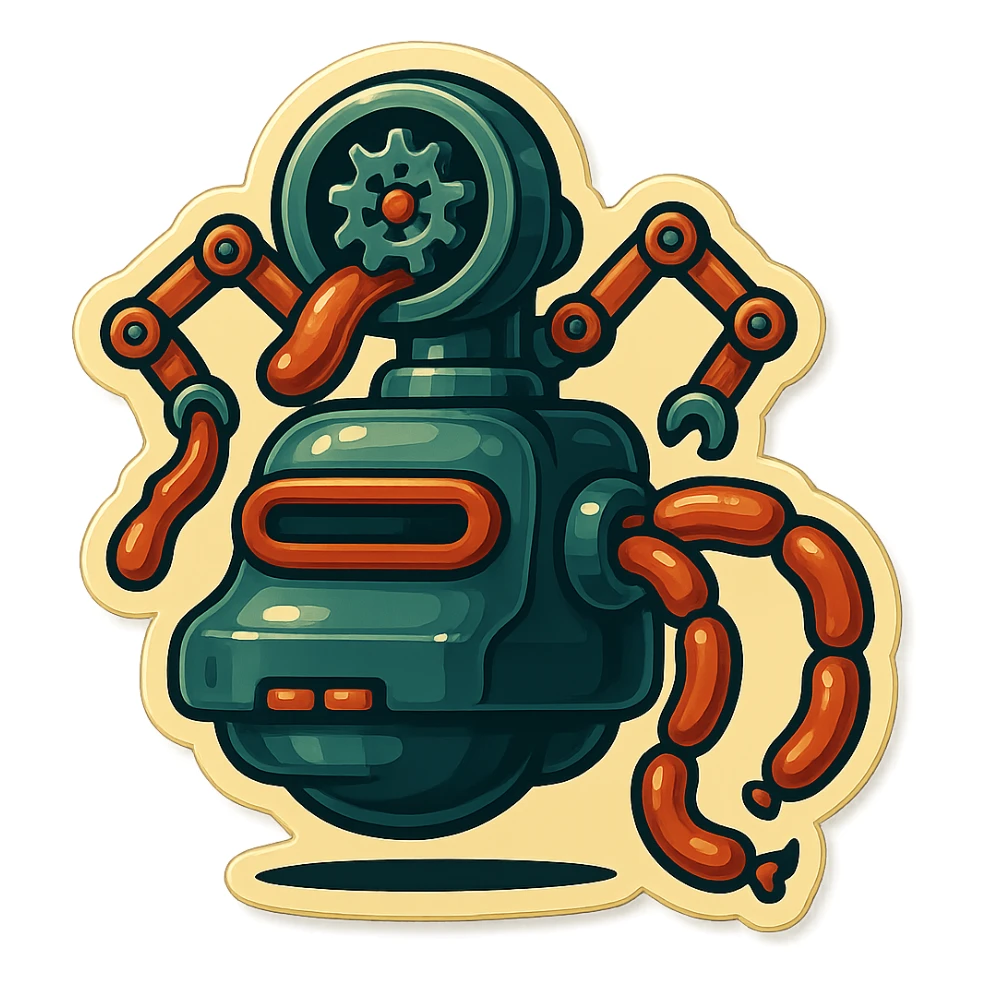 sausage-processing droid. retro-futuristic style. in front is a large industrial grinder rotating gears and blades. Two robotic arms feed material into grinder. Sausage links extrude from the rear like  factory. The body is metallic, compact, and floats above the ground.no legs. Dark humor sticker