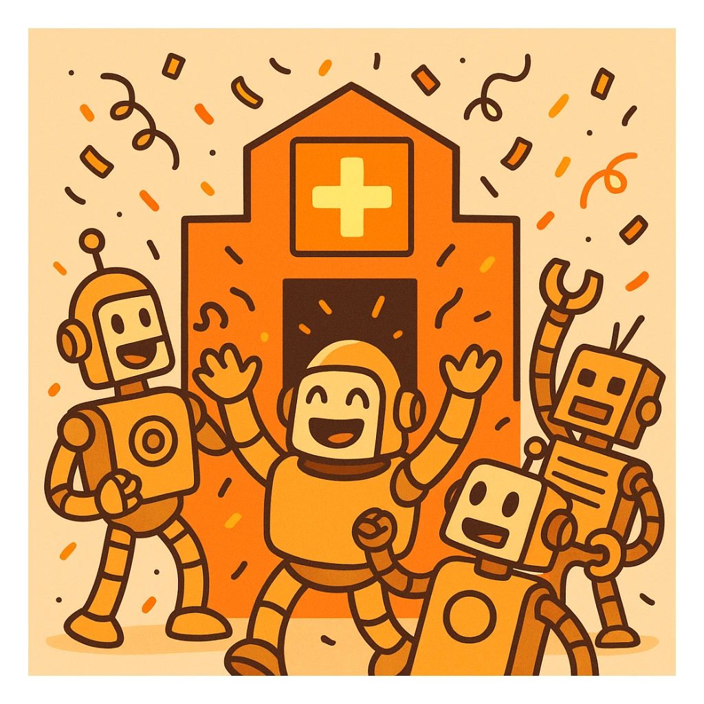 flat, playful illustration of several cartoon robots celebrating with confetti, gathered around a bright orange building and a glowing orange plus sign, orange color theme, lively and welcoming, for a new organization webhook icon sticker