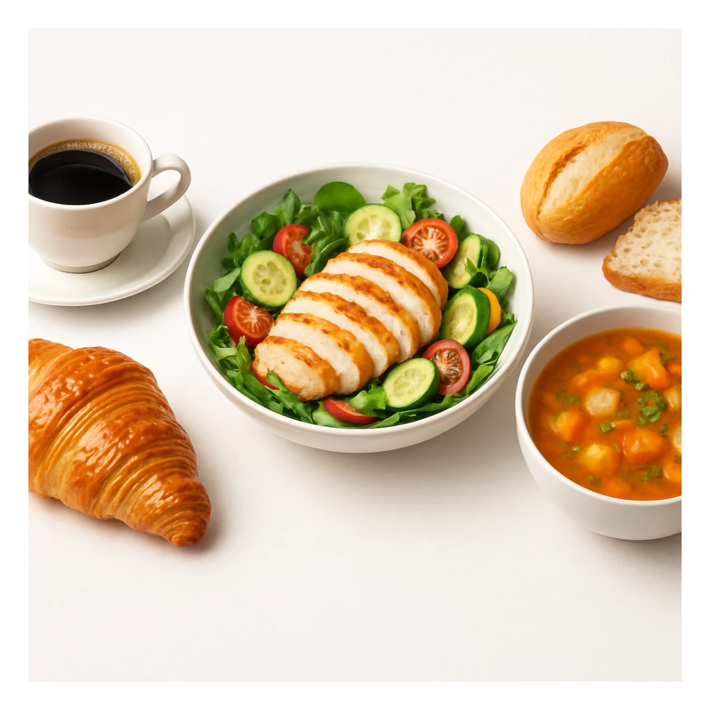 hyperrealistic 4K composition of three main meals on white background: breakfast with coffee and croissant, lunch with salad and chicken, dinner with soup and bread, each dish distinct and appetizing, minimalist style, bright atmosphere, clean and orderly arrangement sticker