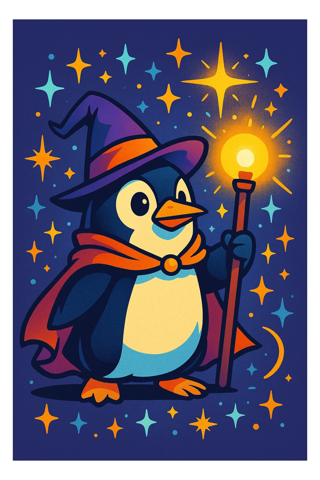 stylized penguin wizard with a glowing staff, surrounded by sparkles, fantasy illustration sticker