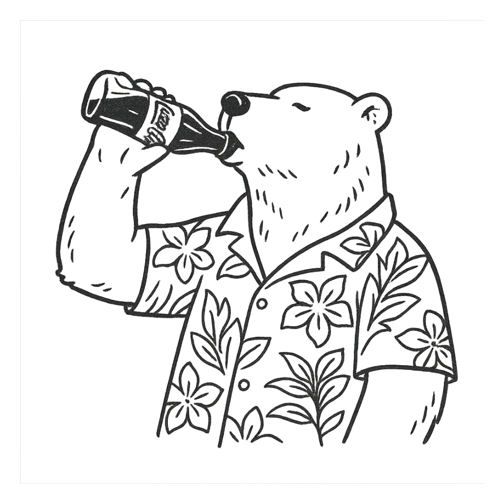 hand-drawn outline style polar bear in a Hawaiian shirt drinking Coca Cola sticker