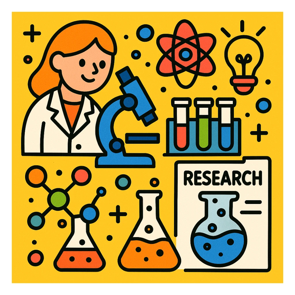 scientific research, colorful, playful, cartoon style sticker