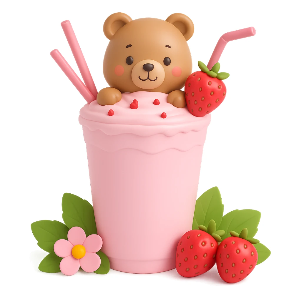 Edit the image to show a strawberry milkshake cup with a straw, a cute bear peeking out, two strawberries with green leaves, pastel colors, soft shadows, clean and minimalistic design in a 3D vinyl figure style, with no background. sticker