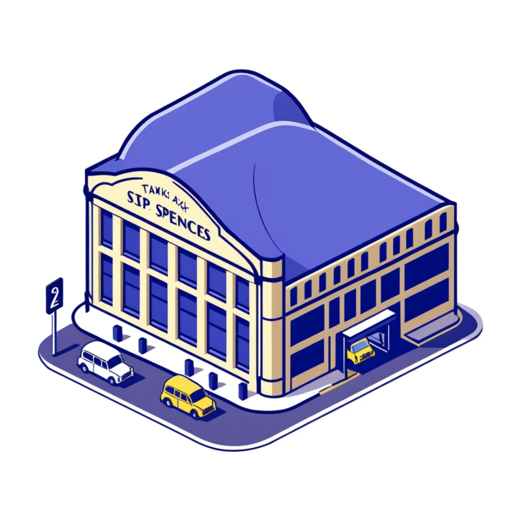 Isometric Marks & Spencer food hall building exterior with typical British architecture, covered entrance, and car park with black London taxi sticker