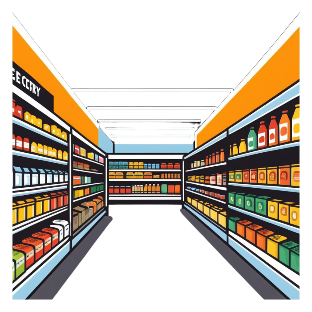 inside large grocery store with aisles full of products sticker