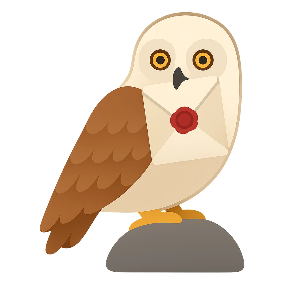 Depict the same owl holding a letter from Hogwarts in its beak, without outlines, with clear shadows and highlights, in a color filled icon style. sticker