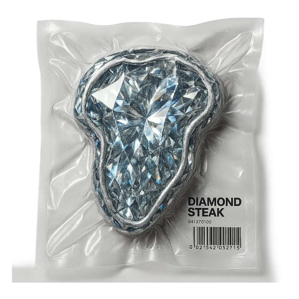 meat steak made of diamond, glossy and puffy, vacuum-sealed style sticker