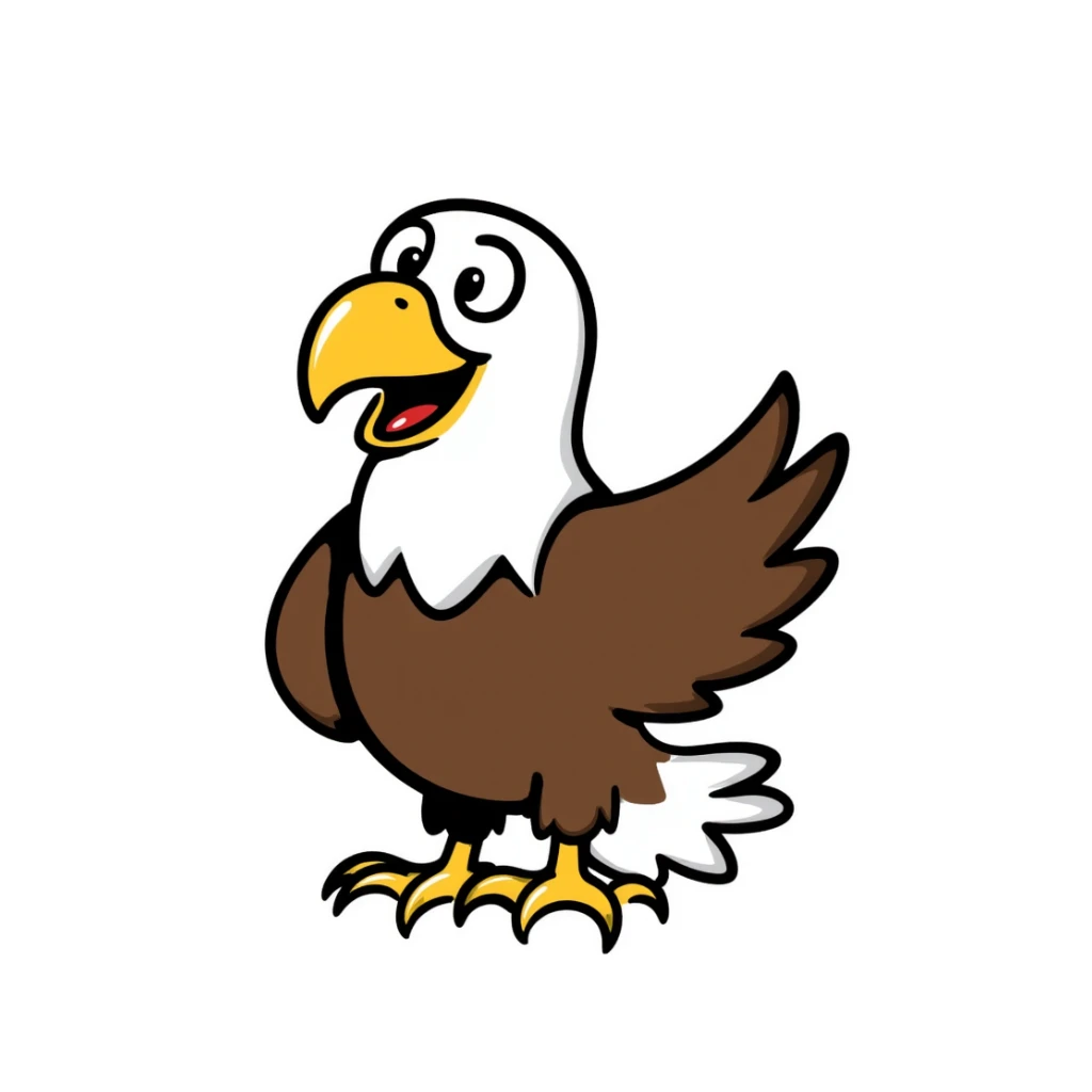 cartoon bald eagle with open beak from front view, white head, yellow beak, brown body sticker