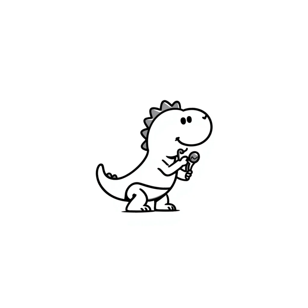 A hand-drawn baby T-Rex toy with a diaper and tiny arms holding a rattle sticker