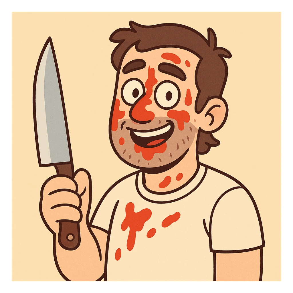 stylized man holding a knife, ketchup smeared on face, friendly expression, non-threatening mood, bright background sticker
