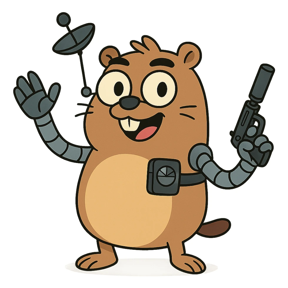cheerful gopher with robotic arms and spy gadgets, animated look, cartoon style sticker