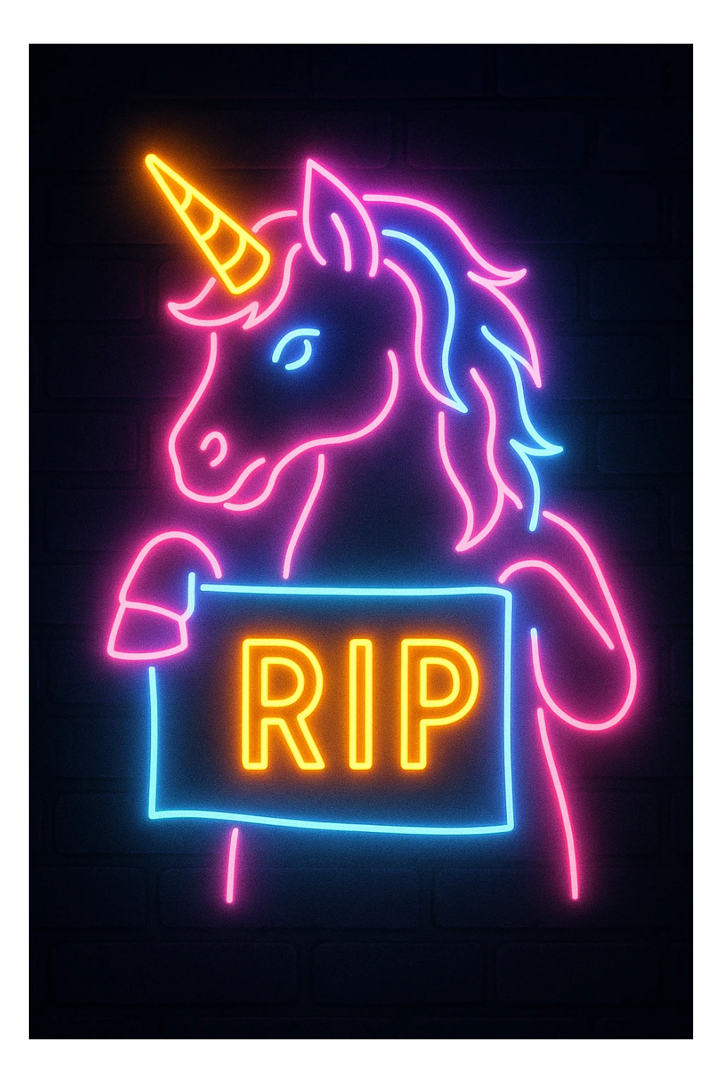 neon unicorn holding a RIP banner, retro 80s neon sign style, glowing effect, dark backdrop sticker