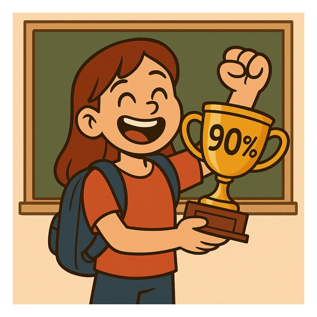 Change the student to a female student, keep the trophy labeled '90%', cartoon style, chalkboard background. sticker