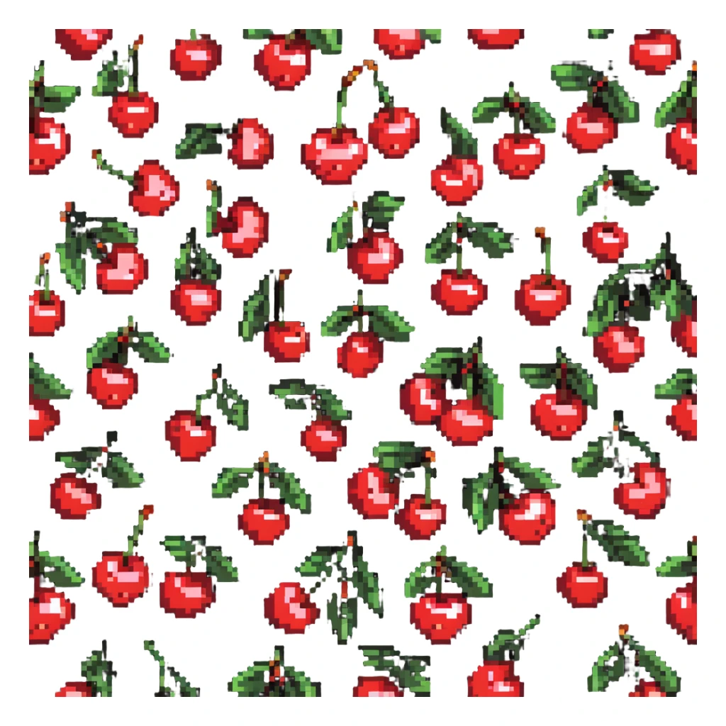 Pixel art of a small bunch of red cherries with green stems sticker