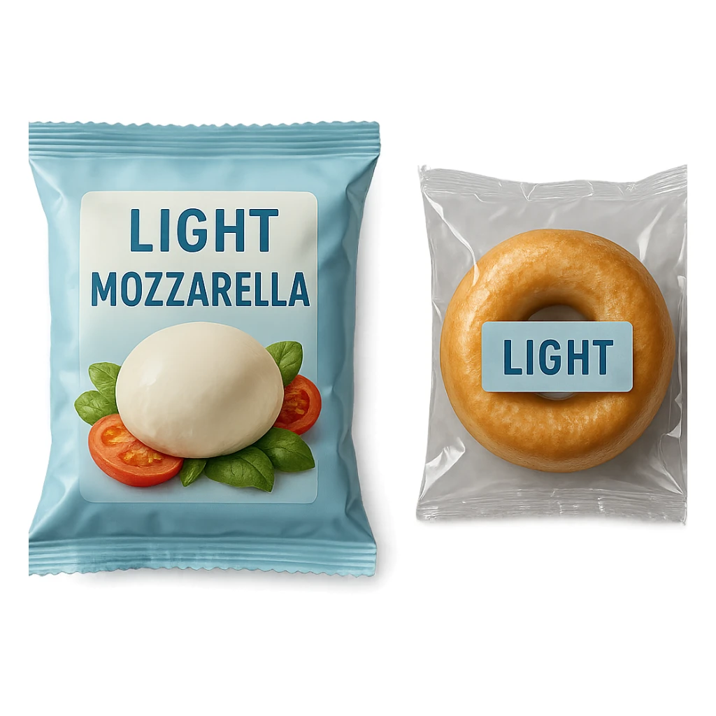 PACCHTTO DI MOZZARELLA LIGHT CON LA SCRITTA "LIGHT" SULLA CONFEZIONE, ACCANTO AD UN DONUT CONFEZIONATO CON LA SCRITTA "LIGHT" SULL'ETICHETTA,  iperrealistico 4k sticker
