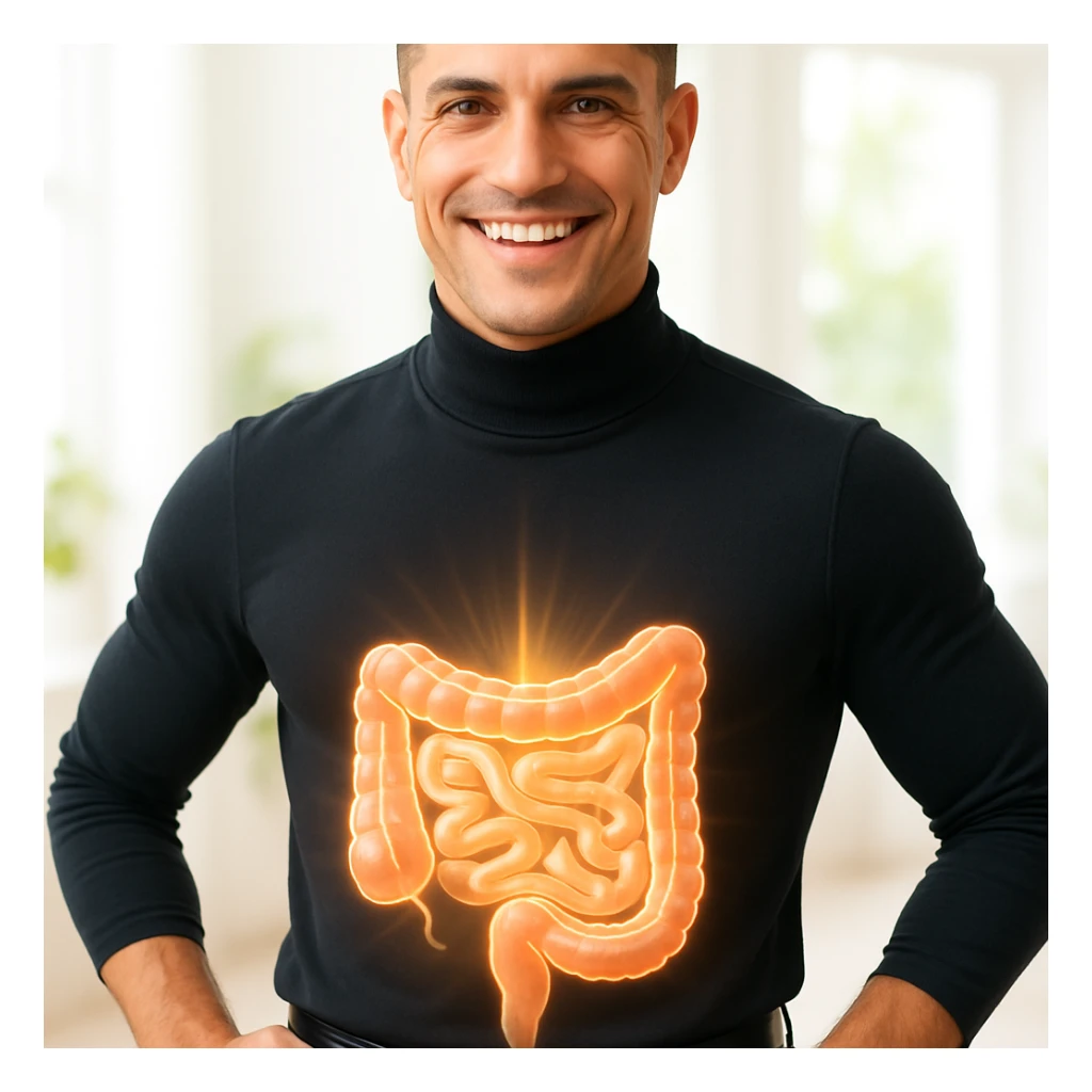 Create a semi-realistic wellness-themed image of a healthy and fit 30-year-old man inspired by the reference image. Show a glowing stylized visualization of a healthy intestine over his abdominal area, with the gut appearing vibrant, clean, well-shaped, and possibly semi-transparent to reveal a clean digestive tract. The man smiles confidently, radiating energy and balance. The background is bright and minimalistic, resembling a health clinic or natural setting, with soft natural lighting and a positive, vibrant atmosphere. sticker