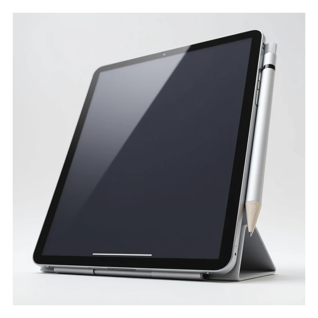 an iPad Pro with Apple Pencil, realistic style, angled view, detailed, photorealistic, modern device, screen reflection, metallic edges sticker