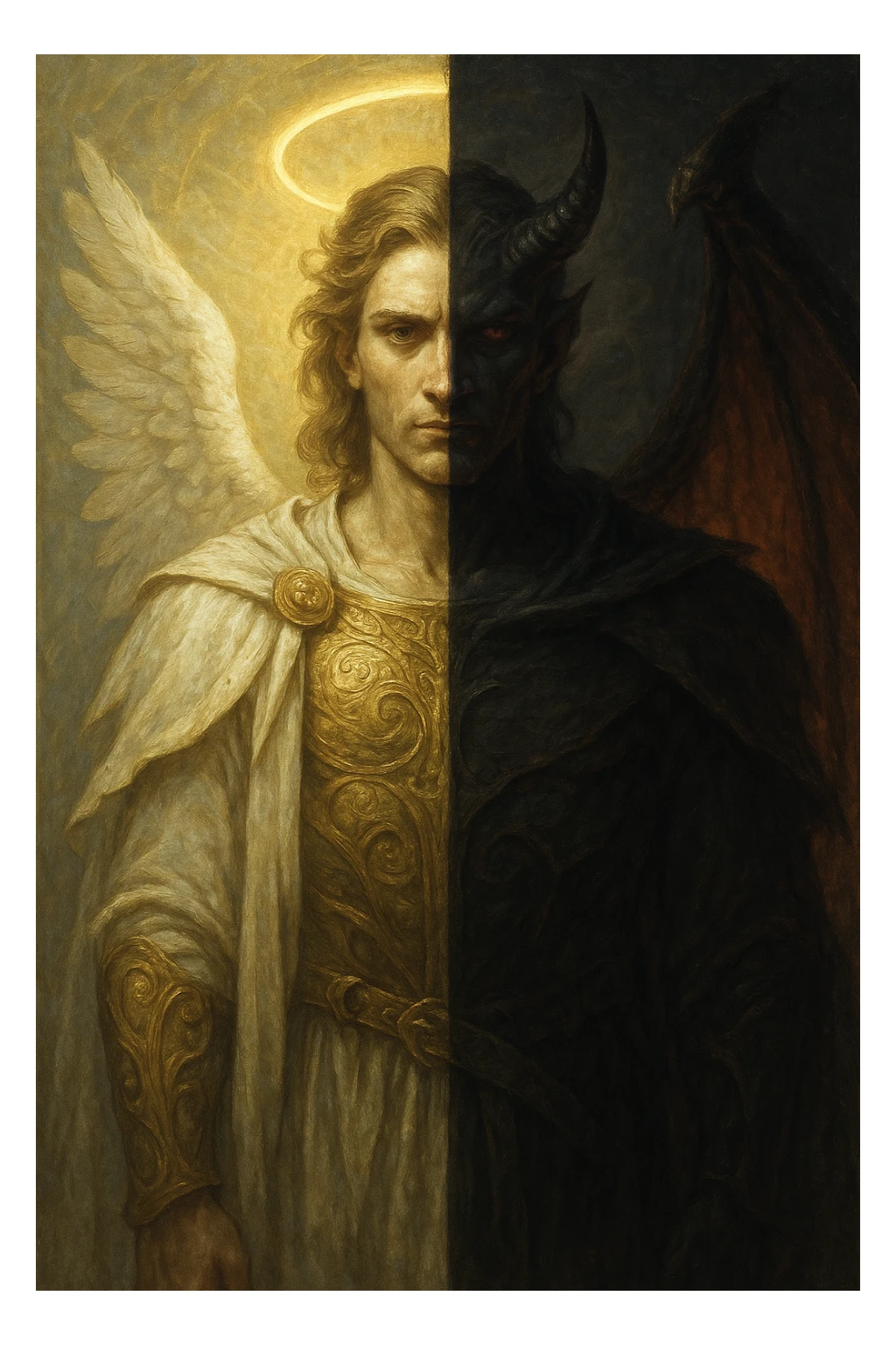 A character that is half demon and half angel, split down the middle, with one side angelic featuring a halo, white wing, and glowing aura, and the other side demonic with a horn, red wing, and dark aura, highly detailed, dramatic lighting, fantasy art style sticker