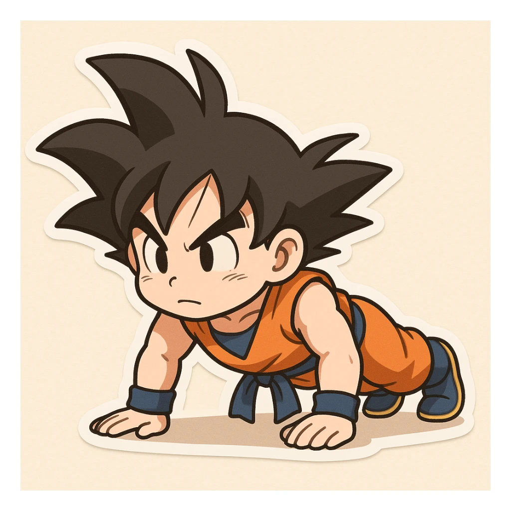 Goku from Dragon Ball Z doing push ups in chibi style sticker