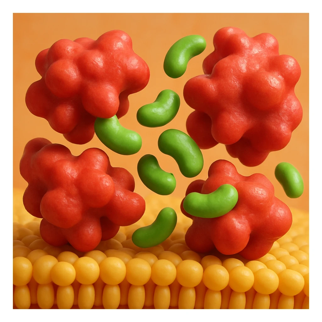 A realistic 3D render and really detailed of enzymes (red) breaking down starch (green) near a cell membrane (yellow). Macro photography style. No labels. sticker
