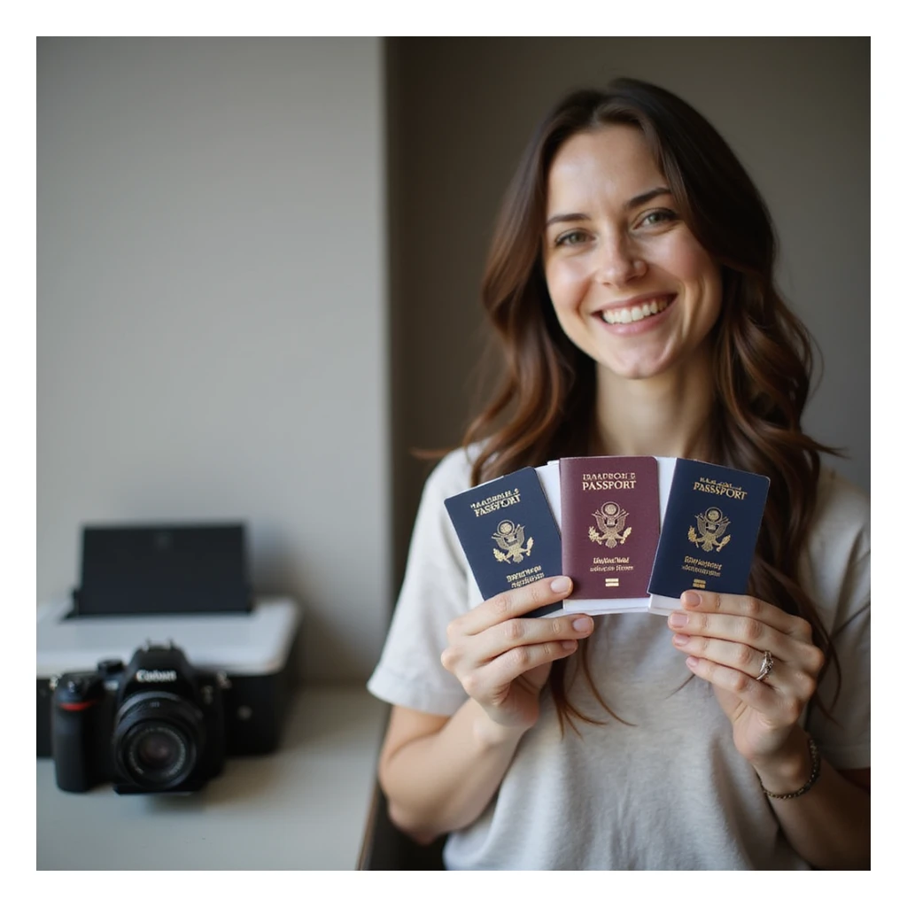 realistic thumbnail image for a passport photo printing service, showing a person smiling while holding freshly printed passport photos, with a camera and printer visible sticker