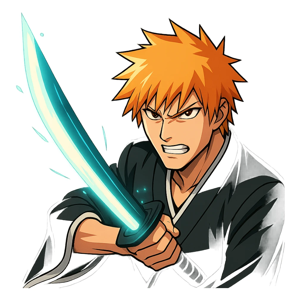 Ichigo Kurosaki from Bleach, fierce expression, wielding Zanpakuto with glowing sword effect, subtle animation with sword glowing and energy pulsing, modern sharp anime style, bold colors, clean lines, slightly futuristic, optimized for chat emoji sticker