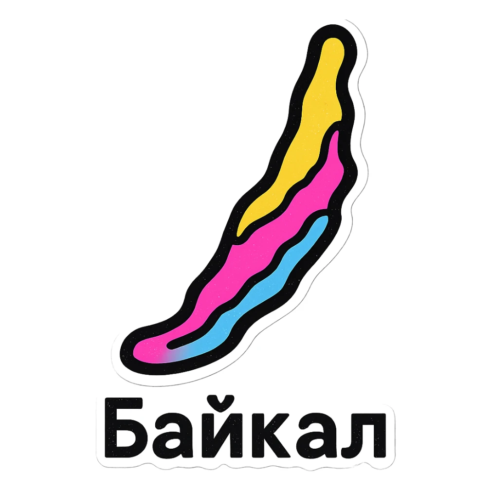 minimalistic sticker design featuring the clean, recognizable silhouette of Lake Baikal centered with clear black outlines and simple contrasting colors for high visibility, text 'Байкал' in modern sans-serif font below the silhouette sticker