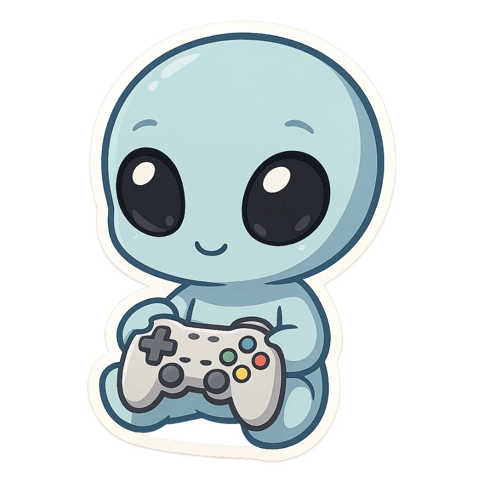 a little blue alien with gouty eyes holding a video game controller  sticker