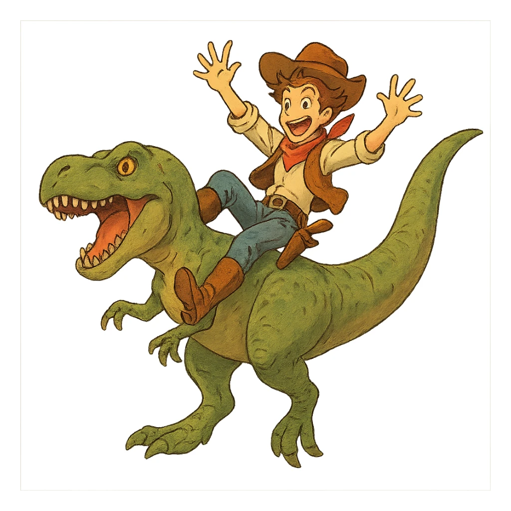 energetic and whimsical cowboy sliding down a t-rex sticker