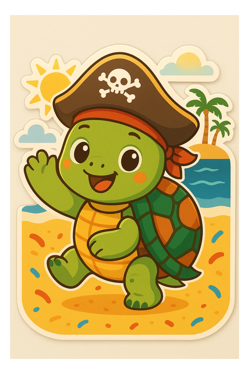 Switch the party hat to a pirate hat on the playful turtle on the beach, in a bright and cheerful chibi stickers cartoon style. sticker