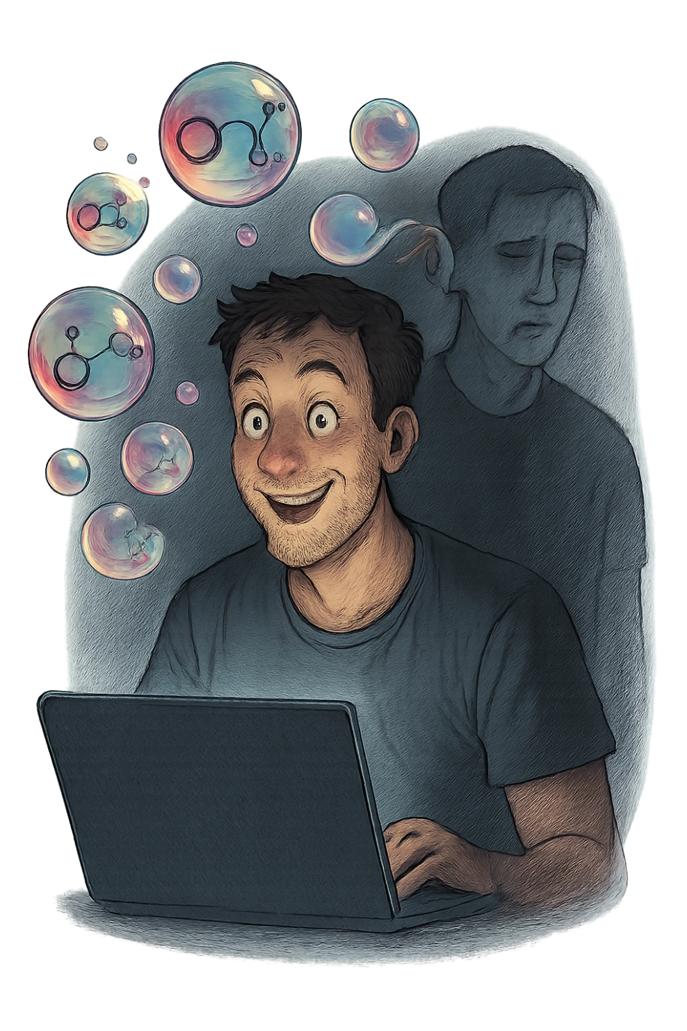 a man sits in front of a glowing screen, with colorful, artificial-looking dopamine molecules floating around his head like soap bubbles. Some bubbles pop and disappear quickly, symbolizing fleeting pleasure. In the background, a shadowy version of the man looks unsatisfied or empty, highlighting the temporary nature of the gratification. sticker