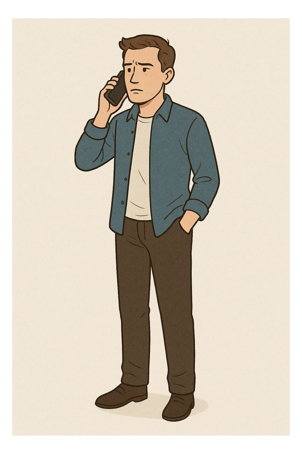 A man standing and waiting, holding a phone to his ear, looking slightly impatient, simple background. sticker