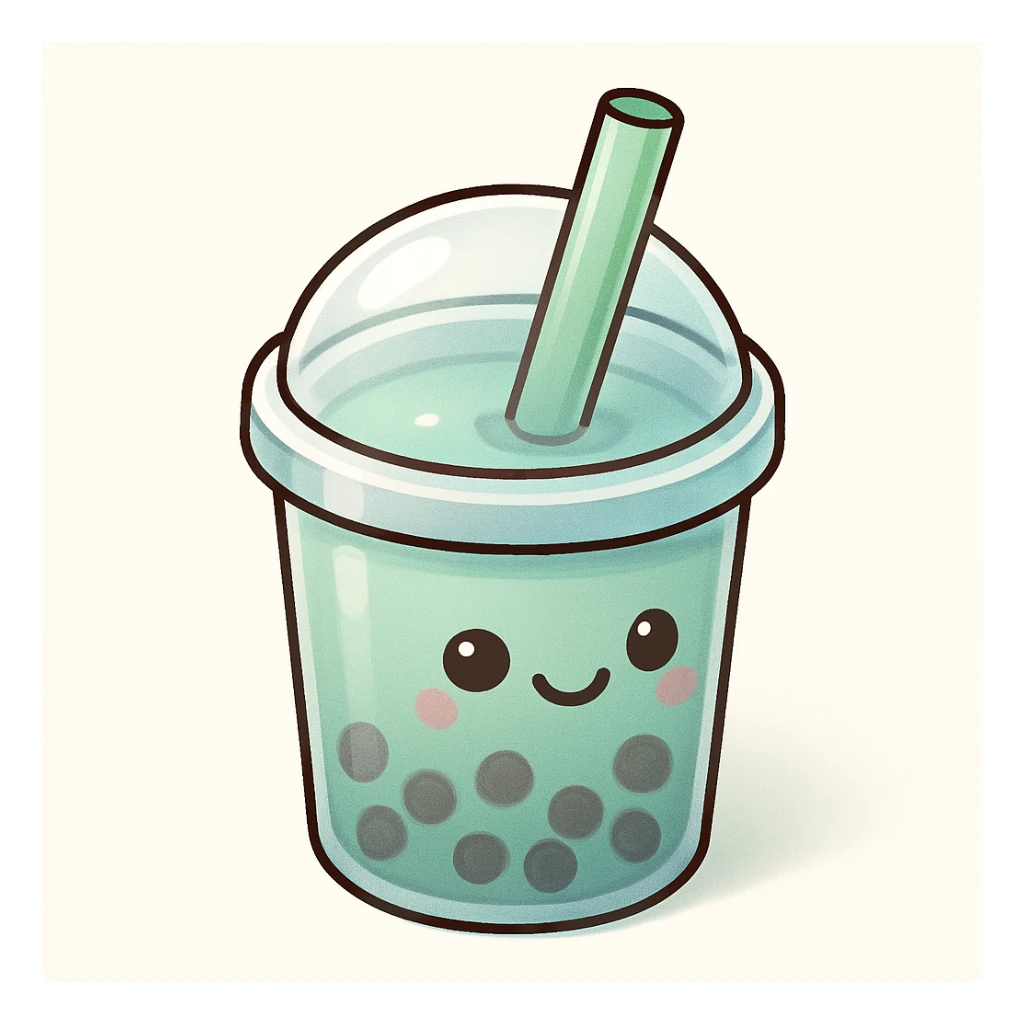 bubble tea cup with a rounded cute lid, blue cup, green drink inside, vector hand-drawn style, clear bold outlines, strong shadows and highlights, matte glass effect, kawaii face on cup sticker