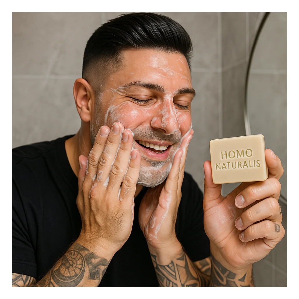 Create a realistic image of a man washing his face with a soap called 'Homo Naturalis'. The man's face and appearance should closely resemble the person in the reference photo. Show the soap with the name clearly visible. The tone should be natural and positive. sticker