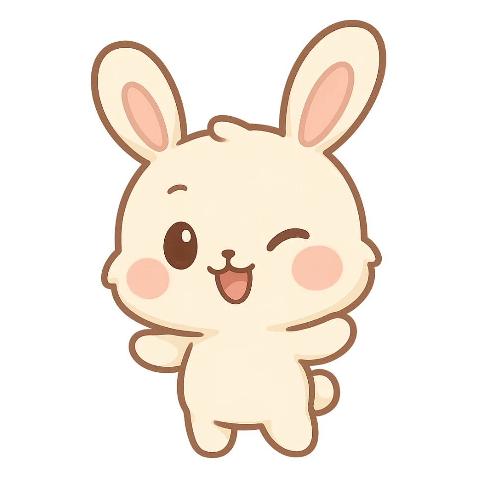 chibi sticker-style bunny with a winking face, cute and exaggerated sticker