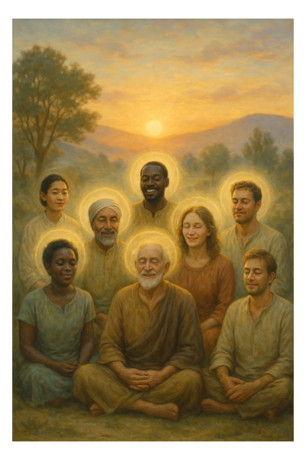 a diverse group of people of different ages and backgrounds sit together in a peaceful natural setting at sunrise, each with serene, joyful expressions. Subtle auras or soft light halos surround them, symbolizing spiritual awakening and inner harmony. The background features gentle hills, trees, and a glowing sky, evoking unity and connection. realistica italiano sticker