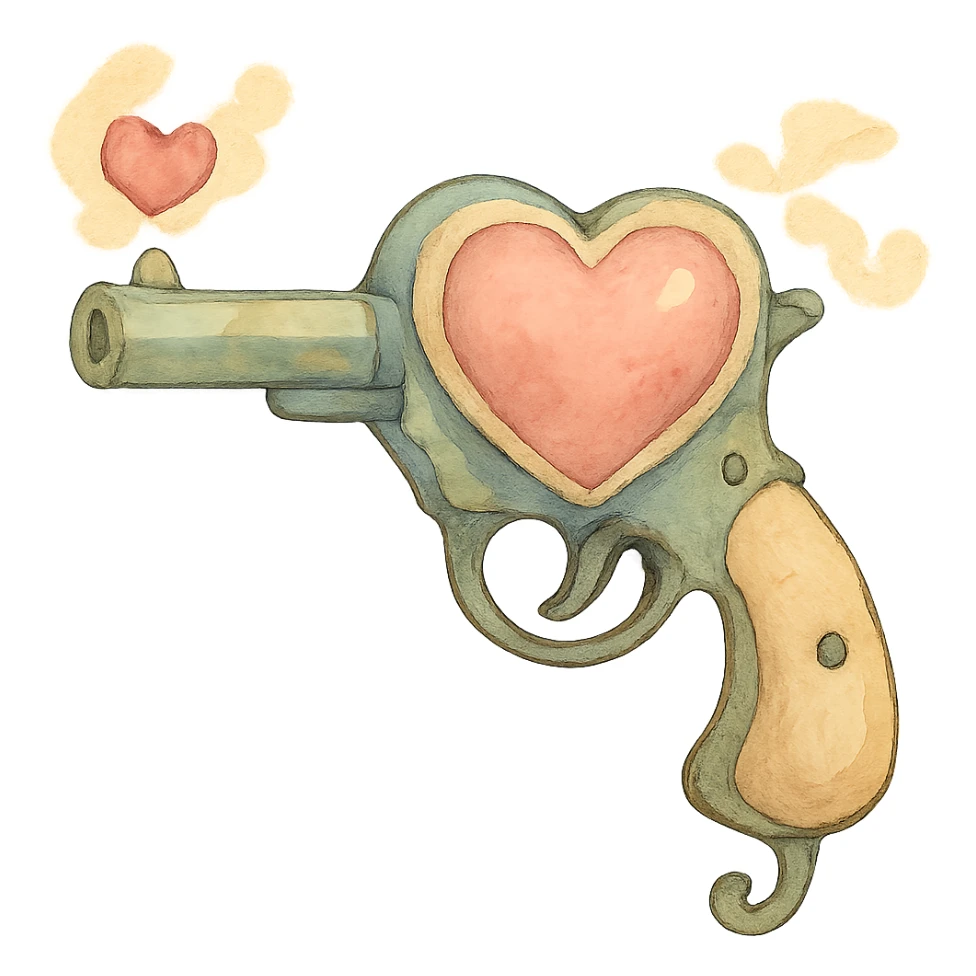 heart gun, ghibli style, soft colors, whimsical sticker