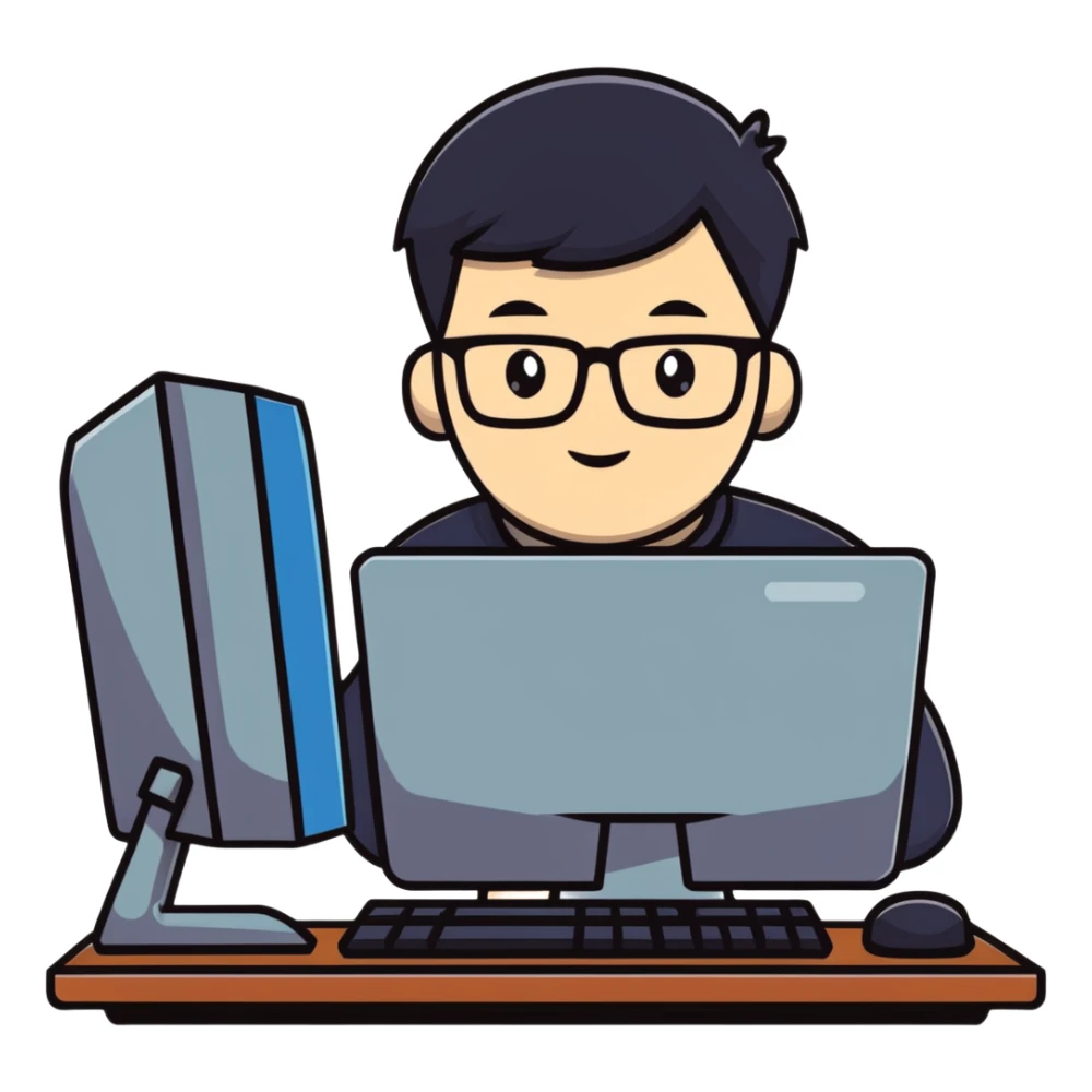 Young man with glasses using an outdated desktop computer with bulky monitor sticker